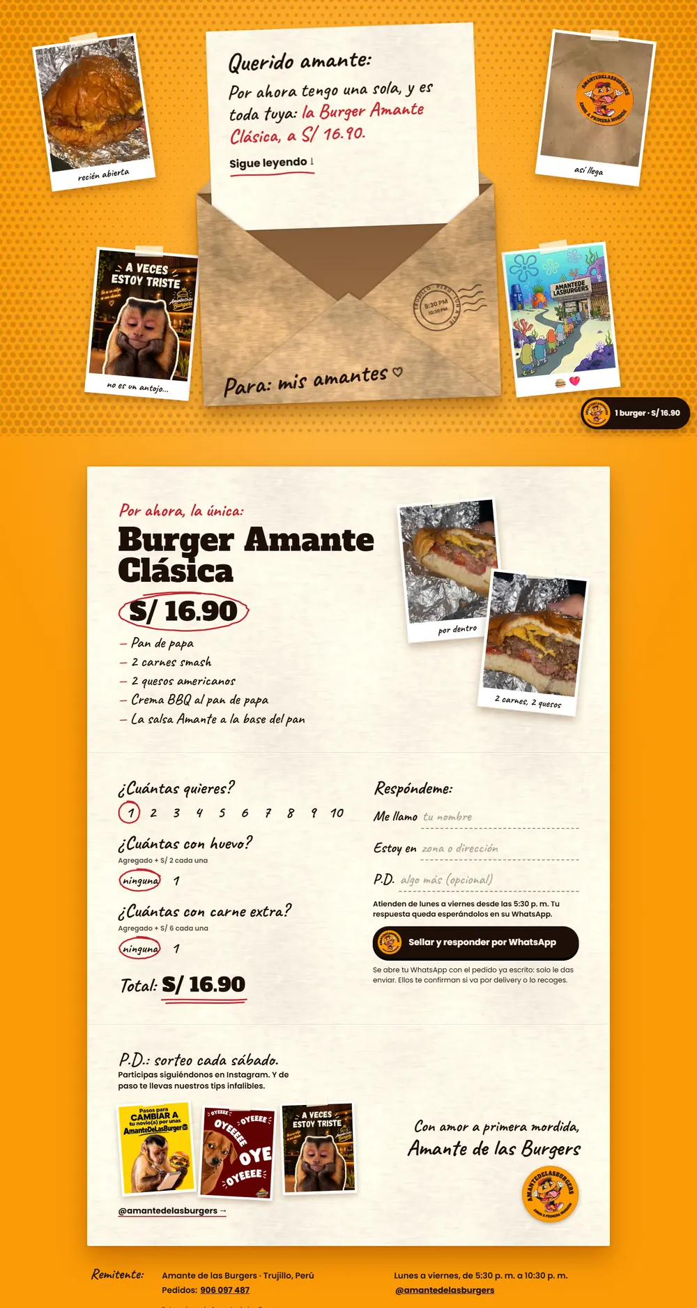 Vista previa de la web de Amante de las Burgers, una carta de amor que llega en un sobre kraft